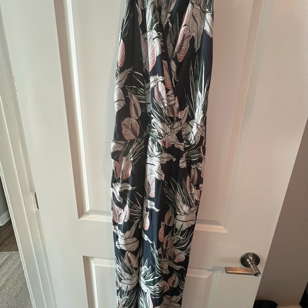 On The Road- Tropical Leaf Faux Wrap Jumpsuit